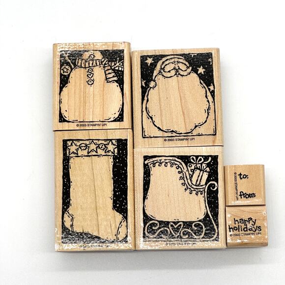 Stampin' Up! Holiday Woodcuts Rubber Stamps Christmas Sleigh Stocking Snowman - Picture 10 of 13